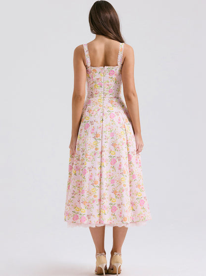 Corset Dress Floral Wide Strap Backless Trendy Brunch Party Midi Dresses