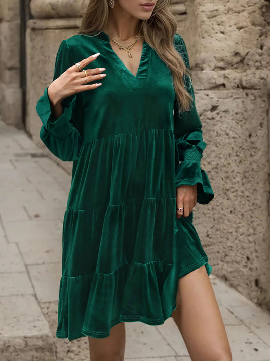 Velvet Dress Dark Green Layered Pleated Daily Casual Long Sleeves V-Neck Fall Midi Dress