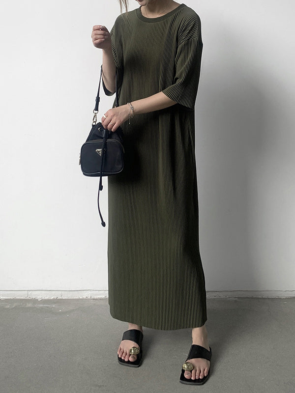 Half Sleeves Loose Pleated Solid Color Round-Neck Midi Dresses
