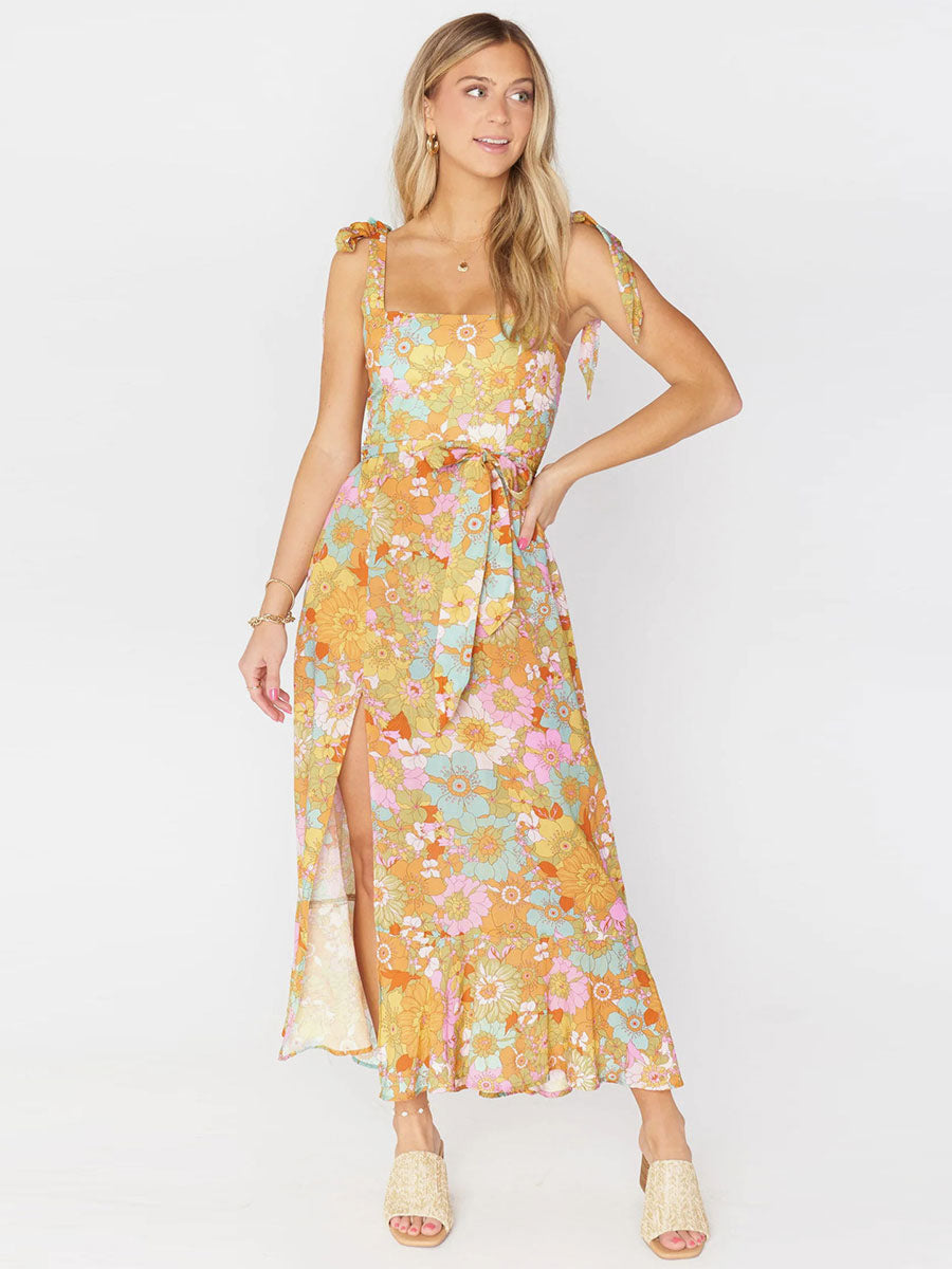 Floral Dress Sleeveless Casual High-slit Women Midi Dress