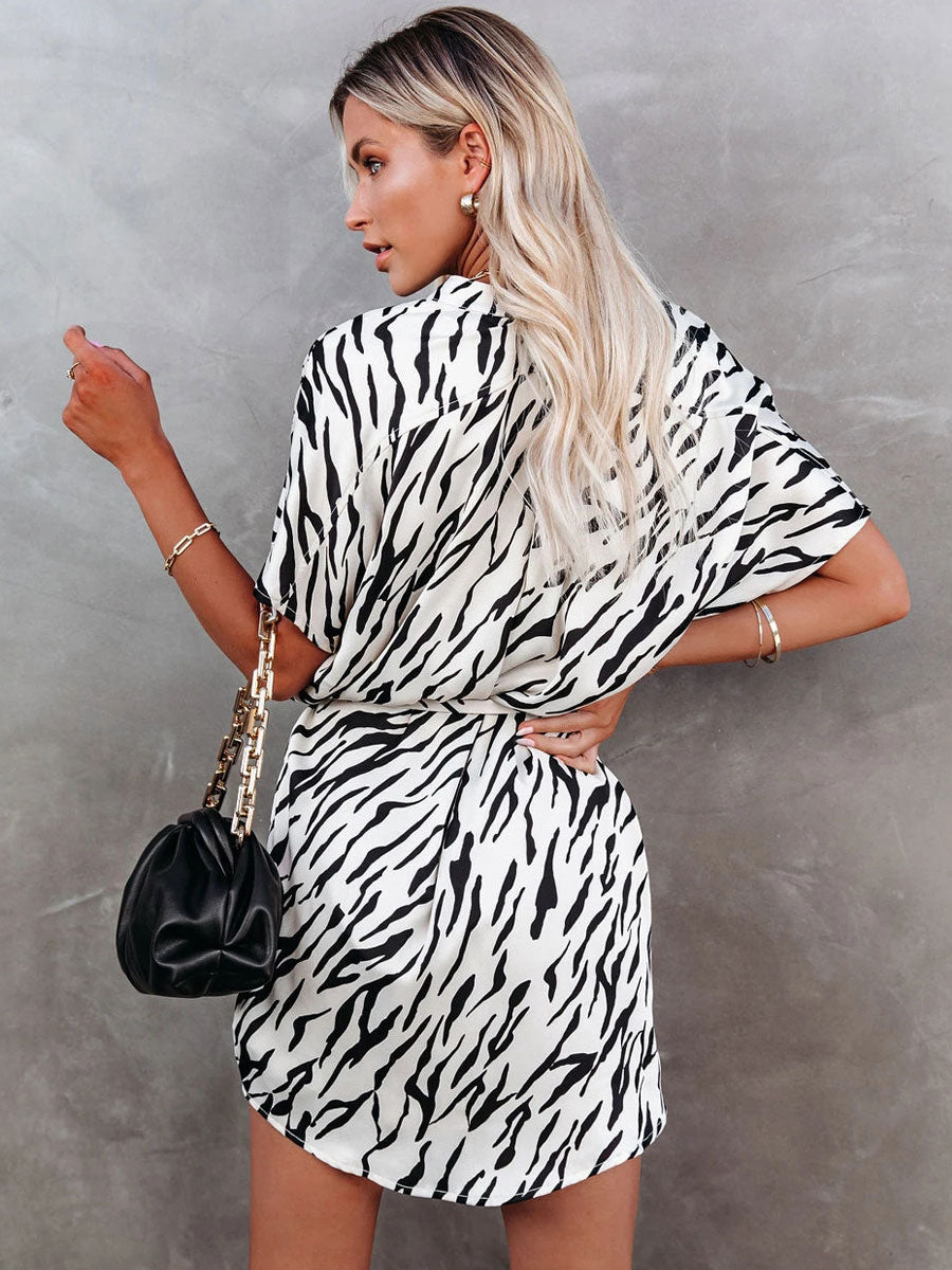 Shirt Dresses White V-Neck Off-The-Shoulder Short Sleeves   Animal Print Pattern Midi Dress
