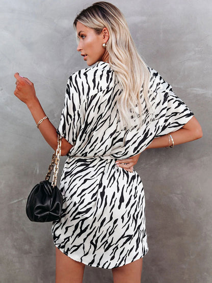 Shirt Dresses White V-Neck Off-The-Shoulder Short Sleeves   Animal Print Pattern Midi Dress