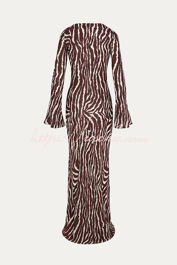 Gia Unique Print Boat Neck Long Bell Sleeve Bias Cut Maxi Dress