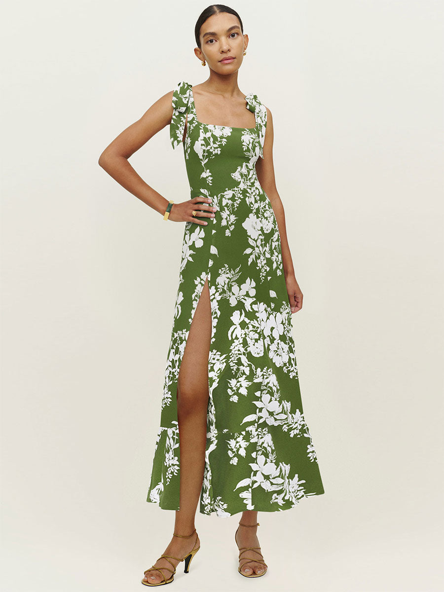 Floral Dress Sleeveless Casual High-slit Women Midi Dress