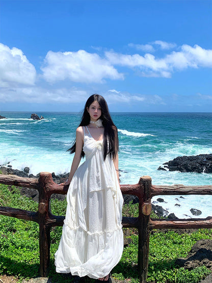 Minimalist White Spaghetti Strap Maxi Dress – Chic Island Getaway Look