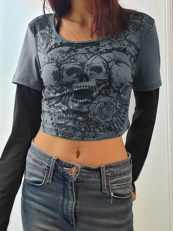 Skull Print Fake Two Piece Long Sleeve Tee