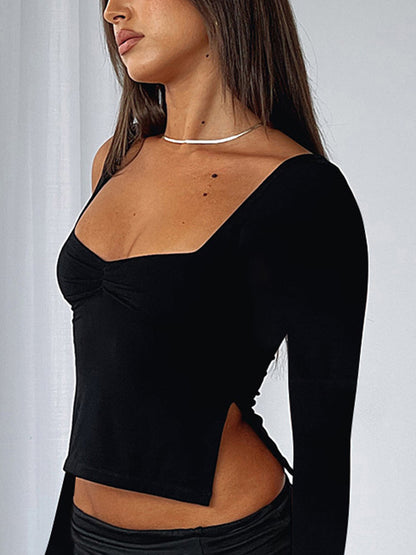 Square Neck Long Sleeve Slit Long Sleeve Tee