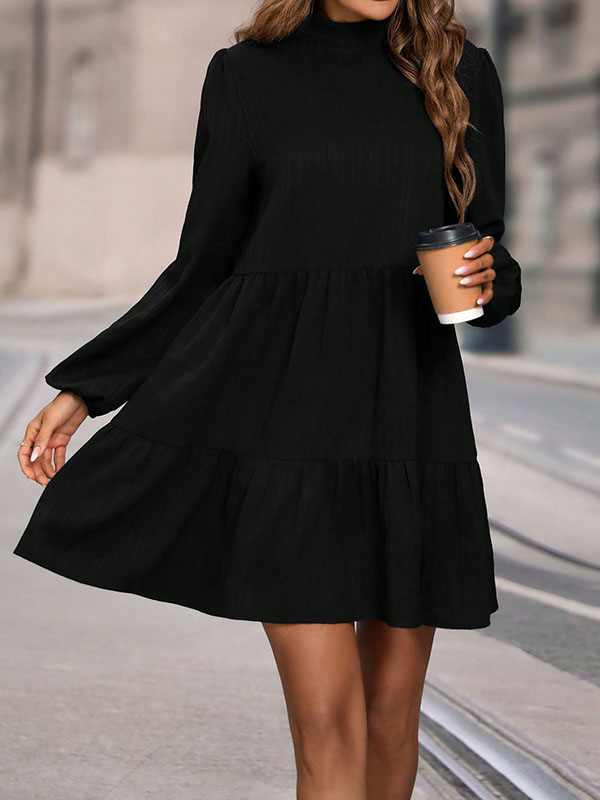 A-Line Long Sleeves Hollow Pleated Solid Color Split-Joint Mock Neck Mini Dresses