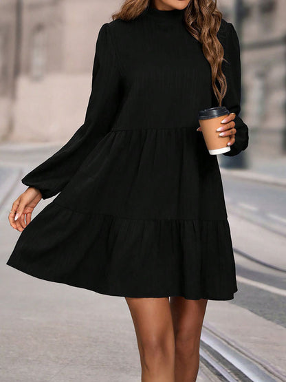 A-Line Long Sleeves Hollow Pleated Solid Color Split-Joint Mock Neck Mini Dresses