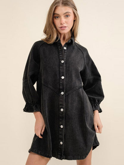 Gathered Sleeves Dresses Front Buttons Solid Color Mini Dress