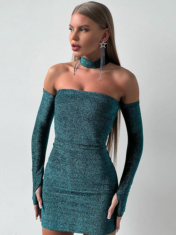 Glitter Bodycon Dresses Long Sleeves Cold Shoulder Birthday Party Mini Dresses