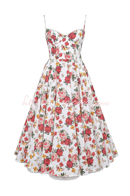Fairy Tale Gorgeous Italian Rose Print Tulle Pocketed Slip Midi Dress