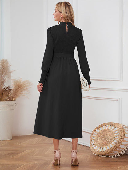 Midi Dress Pleated Polyester Elegant Crewneck Long Sleeves