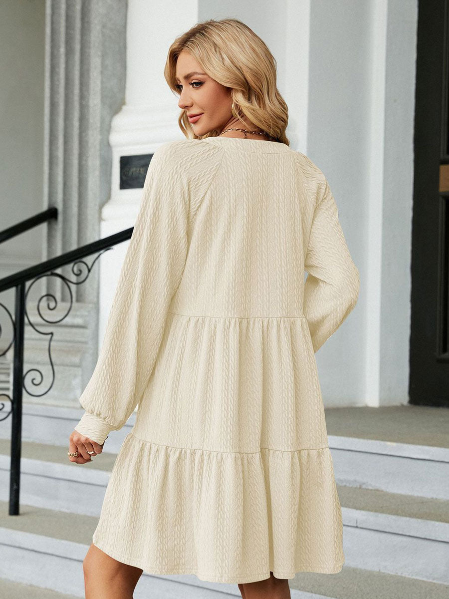 Shift Dresses V-Neck Pleated Dark Green Casual Long Sleeves Mini Dress