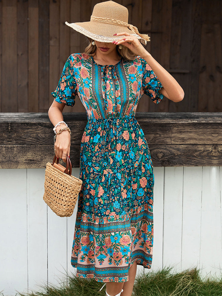 Floral Print Bohemian V-Neck Short Sleeves Midi Dress