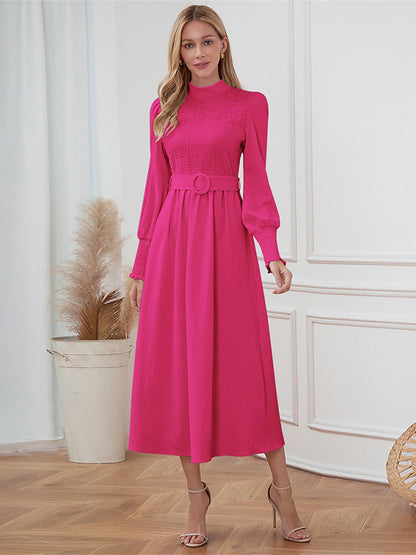 Midi Dress Pleated Polyester Elegant Crewneck Long Sleeves