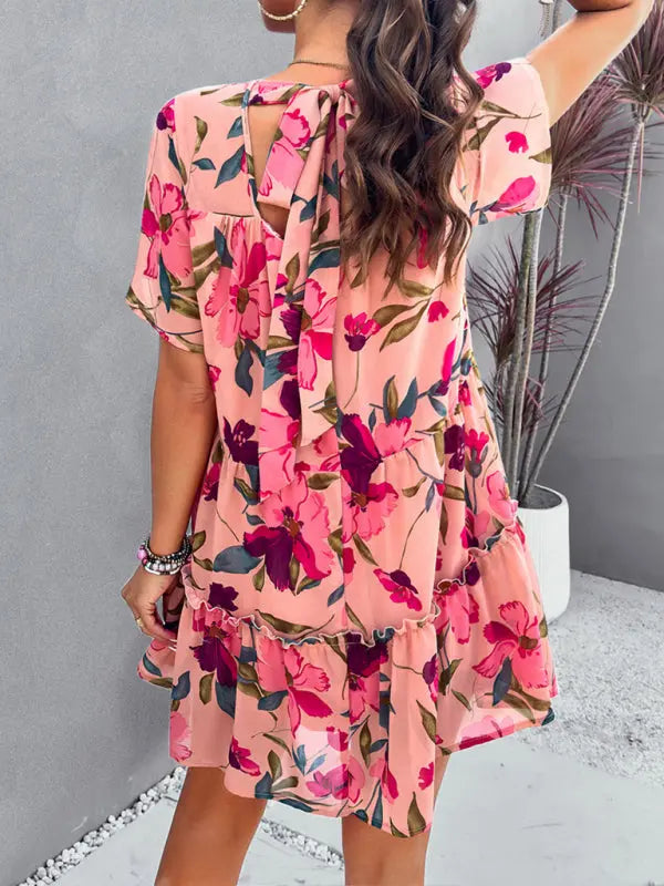 Botanical print short-sleeved tiered mini dress