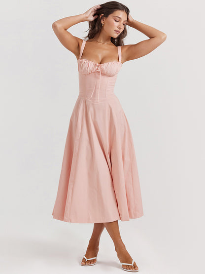 Summer Dress Sleeveless Straps Neck Chic Lace Up Midi Dress For Women