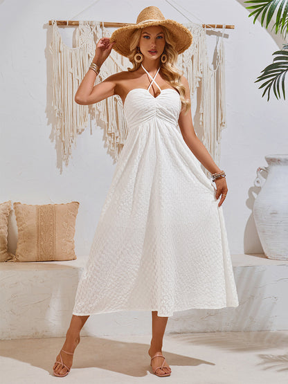 Boho Dress Straps Neckline Halter Pleated Summer Casual Midi Dresses