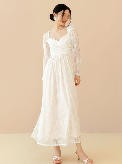 Lace Prom Dress Long Sleeves White Bridal Wedding Midi Dress
