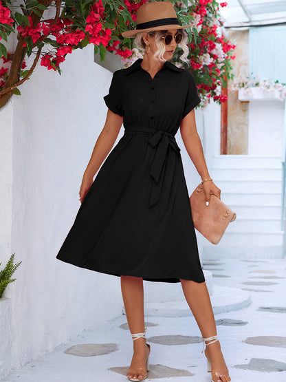 Shirt Midi Dress Turndown Collar Buttons Short Sleeves Shirt Dresses