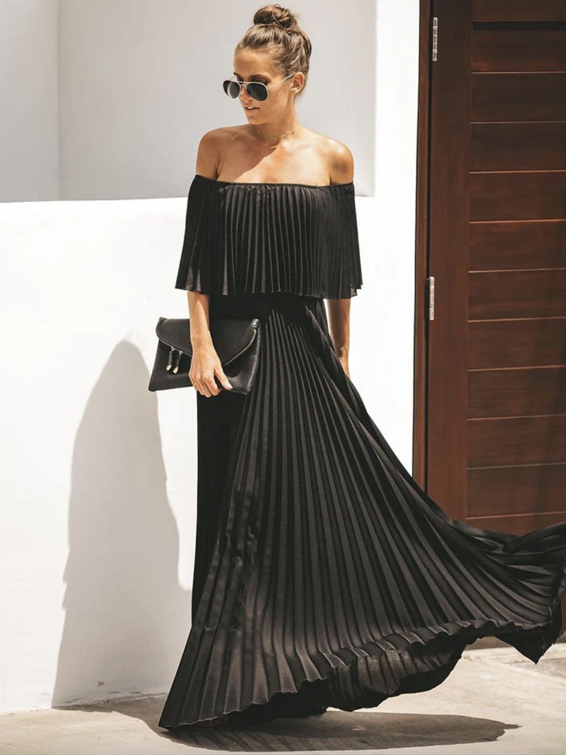 Maxi Dresses Half Sleeves Yellow Bateau Neck Pleated Asymmetrical   Floor Length Dress