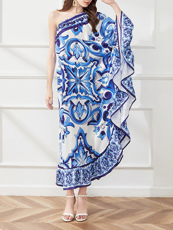 Batwing Sleeves Loose Asymmetric Falbala Floral Printed One-shoulder Midi Dresses