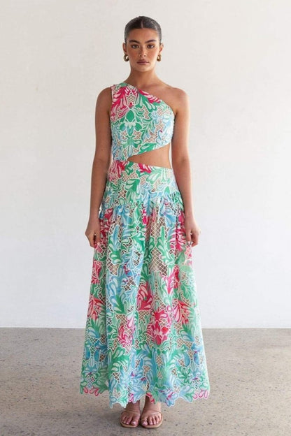 Botanical Print  One Shoulder Frill Midi Dress