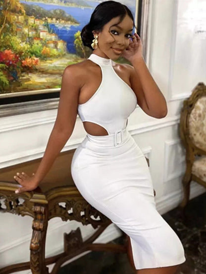 Textured Bodycon Dress Halter Sleeveless Cutout Velted Party Midi Dresses
