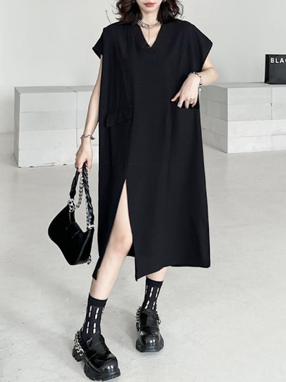 Loose Short Sleeves Asymmetric Solid Color Split-Joint Split-Side V-Neck Midi Dresses