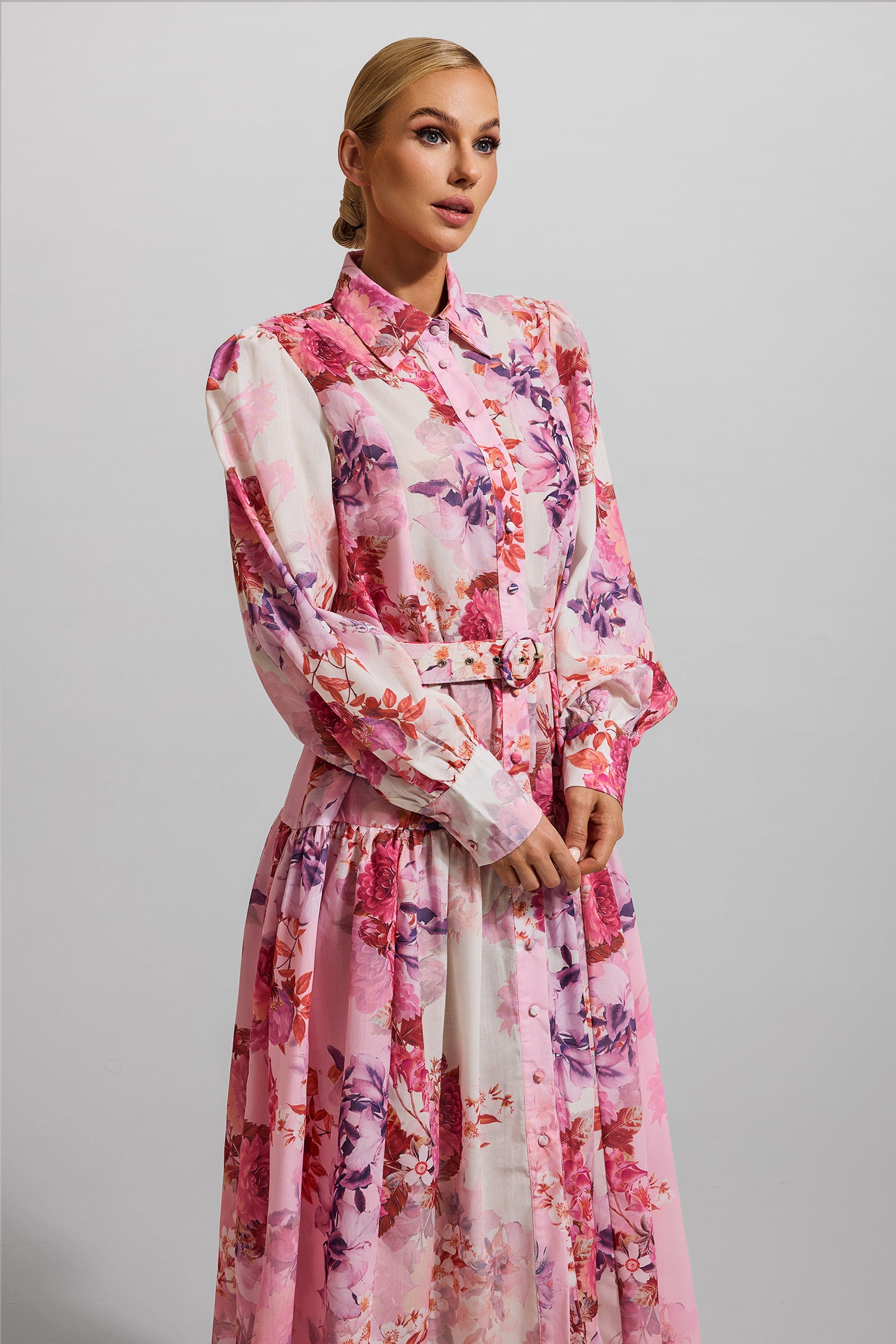 Floral Shirt Collar Midi Dress With Belt