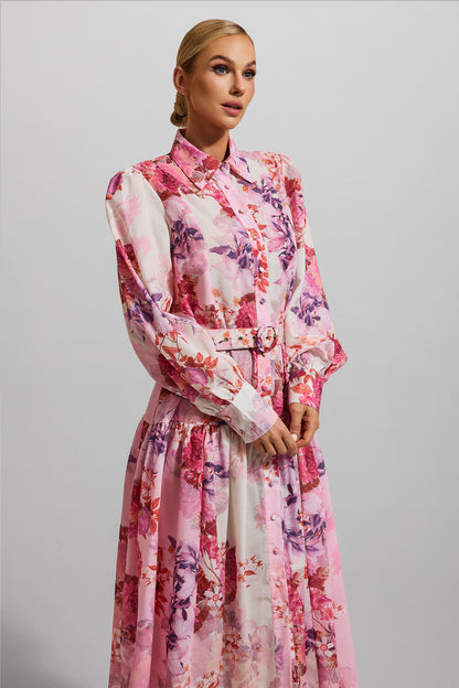 Floral Shirt Collar Midi Dress With Belt