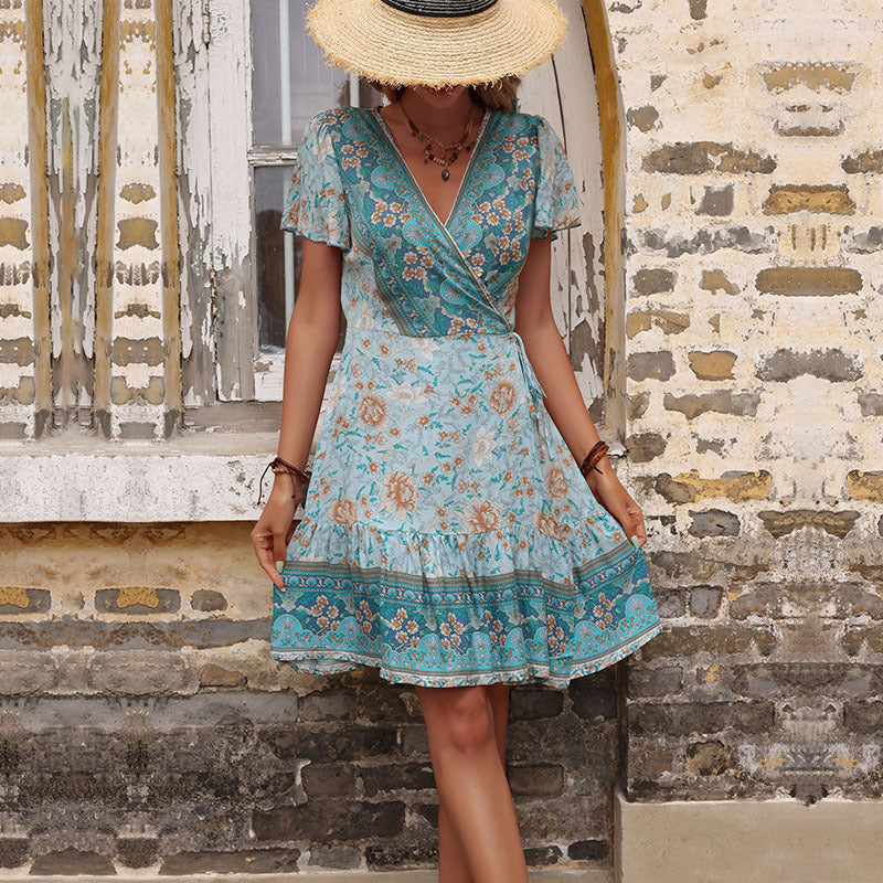 Vintage Printed V-Neck Mini Dress in Apricot and Green