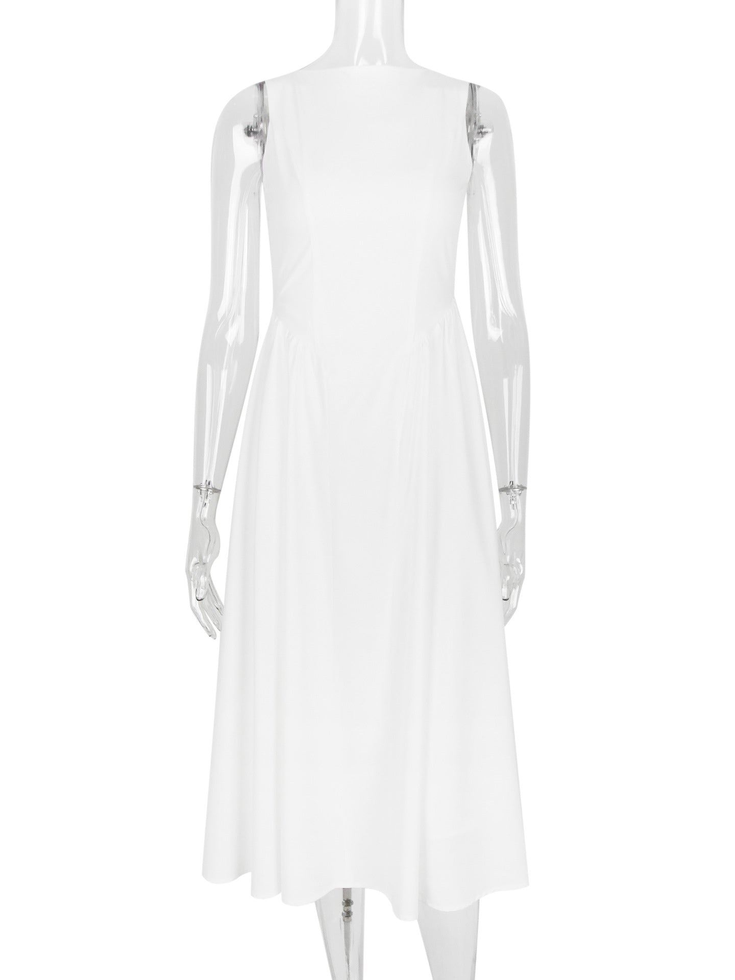 White Dress Boatneck Sleeveless Open Back Brunch Party Midi Dresses