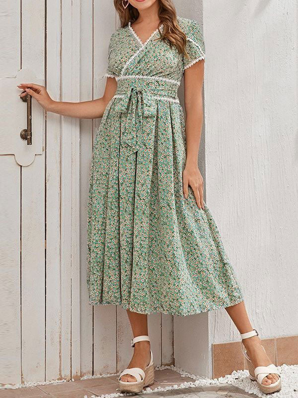 Printed Layered Casual V-Neck Short Sleeves Midi Dress