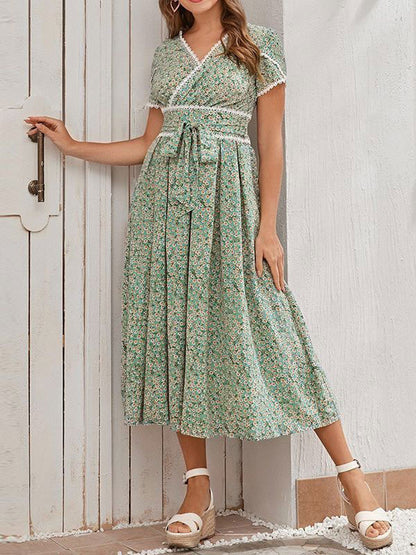 Printed Layered Casual V-Neck Short Sleeves Midi Dress