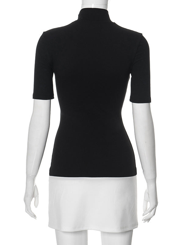 Short Sleeves Skinny Contrast Color Split-Joint High Neck Mini Dresses