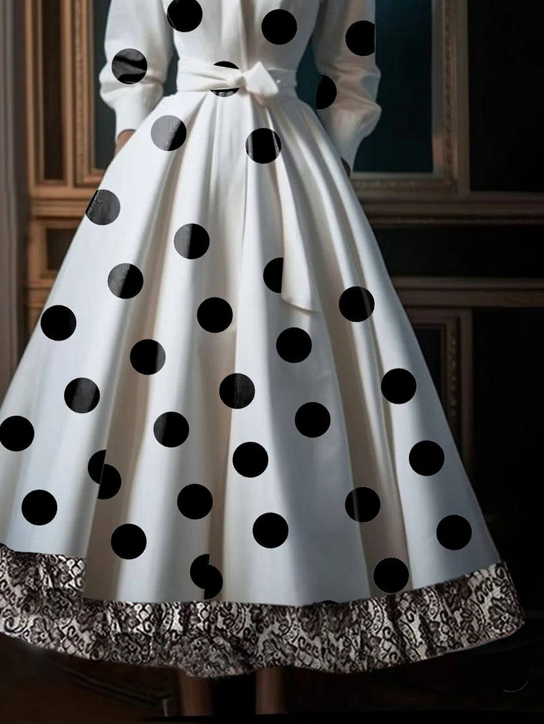 Polka Dot Lace Patchwork Belt Pocket Midi Dress