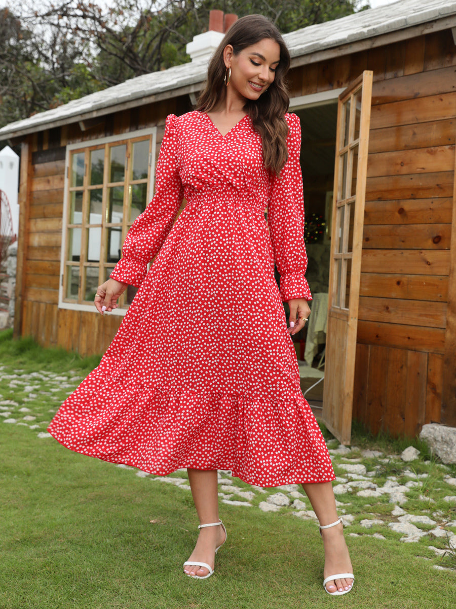 Vintage Polka Dot Dress V-Neck Long Sleeves Ruffles Midi Dresses
