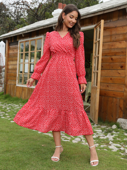 Vintage Polka Dot Dress V-Neck Long Sleeves Ruffles Midi Dresses