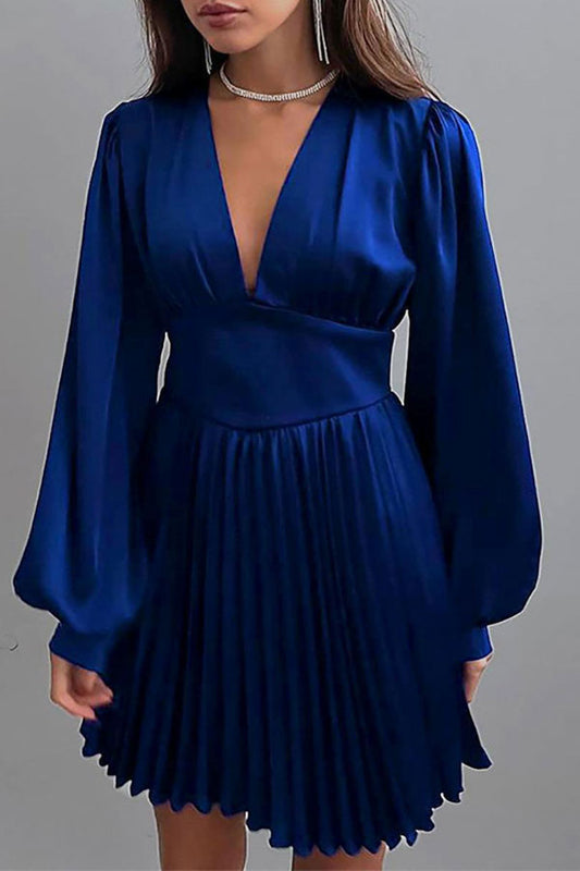 Trendy V-neck Balloon Sleeve Pleated Mini Dress
