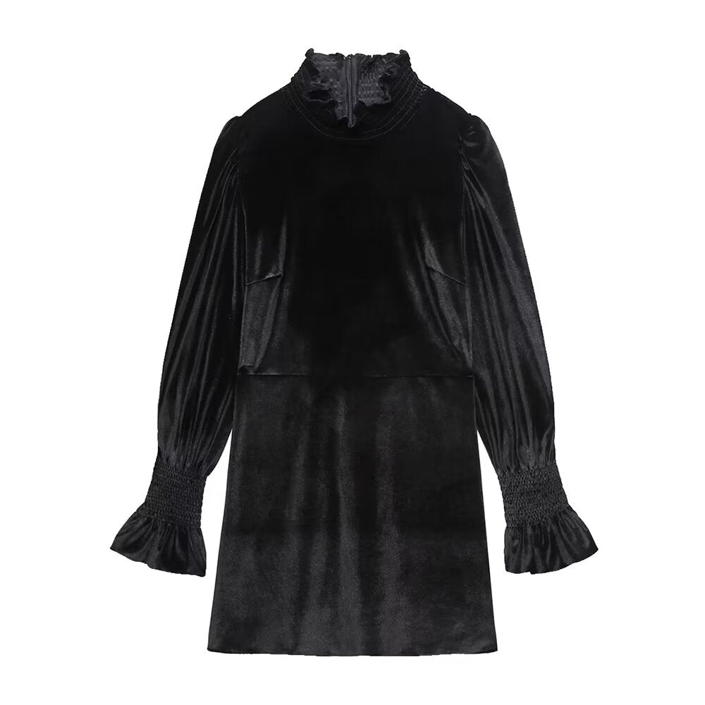 Fall Women Clothing Black Dress French Court Puff Sleeve Velvet Mini Dress