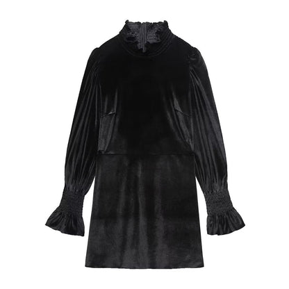 Fall Women Clothing Black Dress French Court Puff Sleeve Velvet Mini Dress