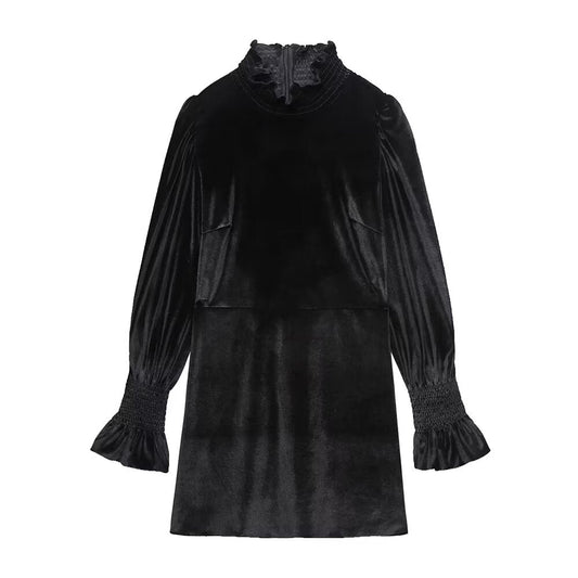 Fall Women Clothing Black Dress French Court Puff Sleeve Velvet Mini Dress