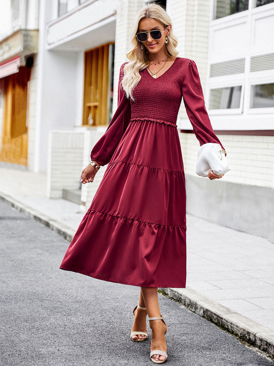 Midi Dresses V-Neck Long Sleeves Pleated Layered Chic Fit And Flare Dress
