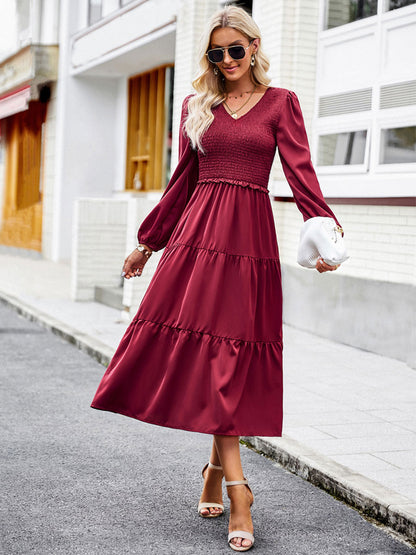 Midi Dresses V-Neck Long Sleeves Pleated Layered Chic Fit And Flare Dress