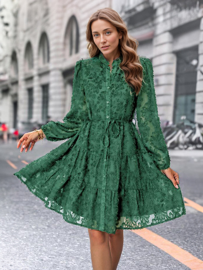 Floral Dress Midi Dress Long Sleeves Jewel Neck Classic Sash Medium Fall