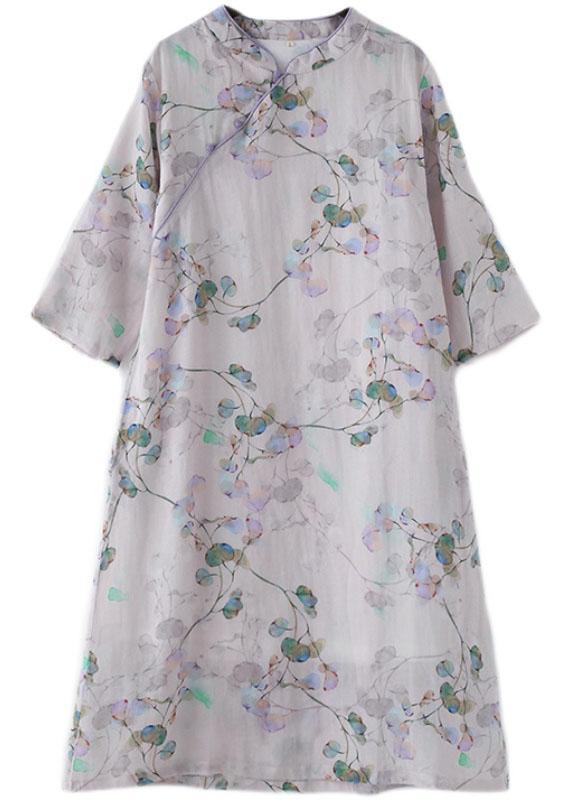 Comfy Light Purple Print Oriental Ramie Maxi Dresses Fall