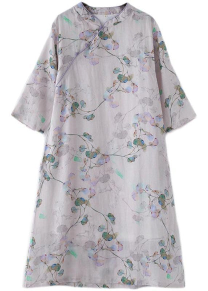 Comfy Light Purple Print Oriental Ramie Maxi Dresses Fall