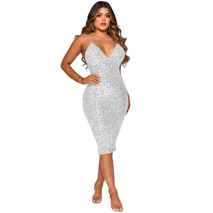 Solid Color Sexy V-neck Brace Midi Dress for Women